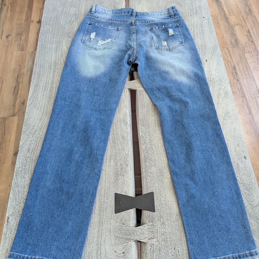 Women’s Blue Distressed Patchwork Jeans with Pink Accents Size M - Picture 7 of 16